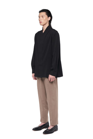 BLACK COLLARLESS  WITH DOUBLE BUTTONS PLACKET LONG SLEEVES SHIRT